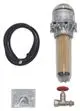 Vaillant-Komponente, bestehend aus einem Metallgehäuse mit Filter, flexiblem Schlauch, Montagesockel und Absperrventil.